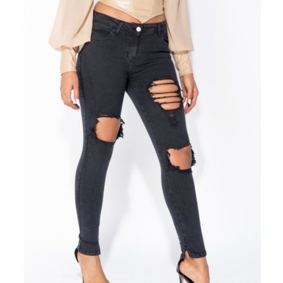 Black Mid Rise Ripped Distressed Skinny Jeans Denim Pants - Picture 4 of 11
